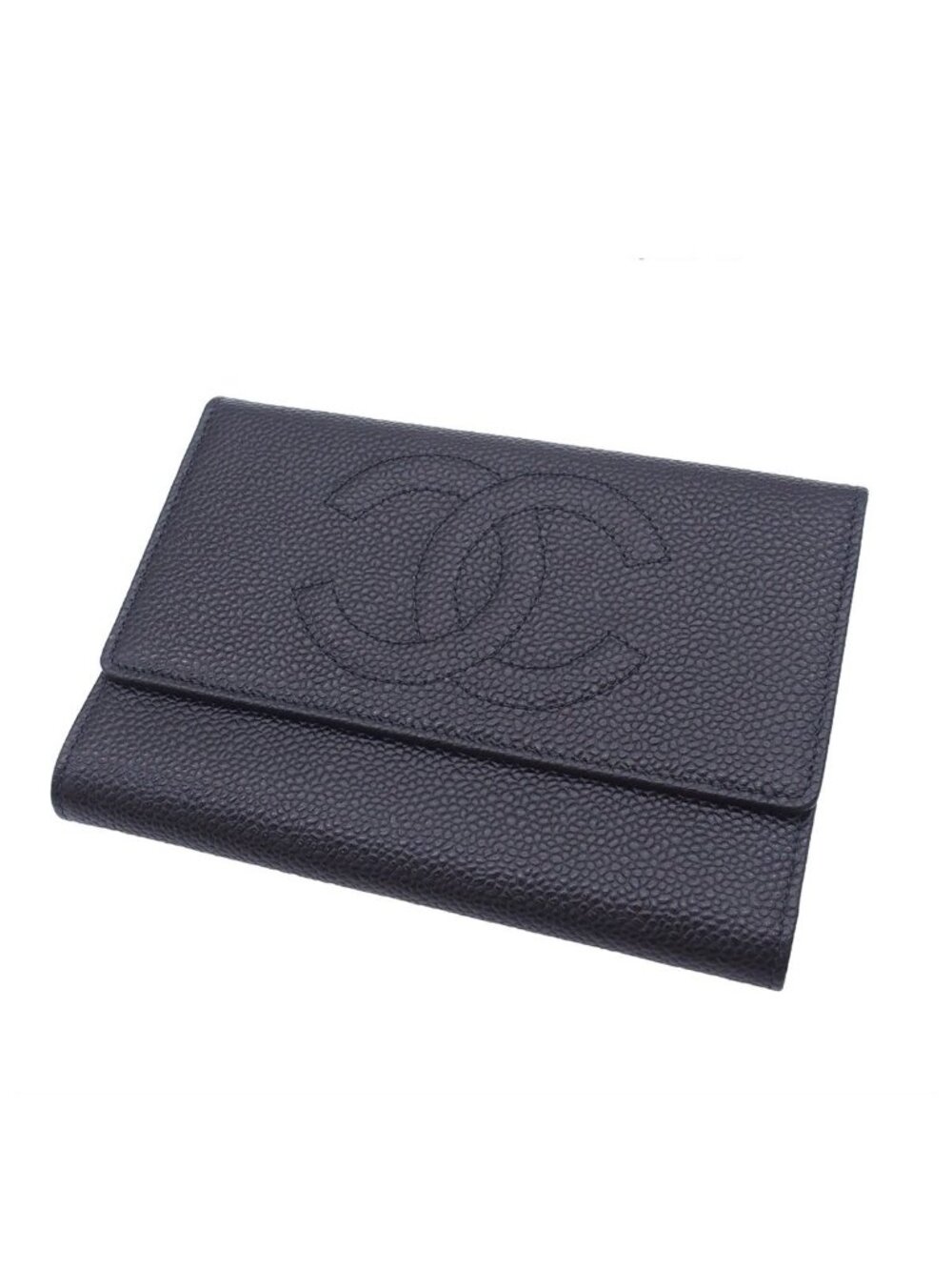 Chanel Compact Wallet CC Logo Black Gold Caviar Leather